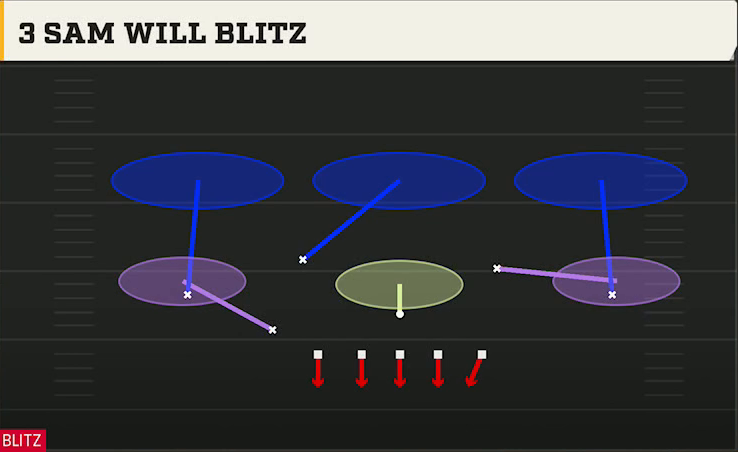 3-4 Multiple Defense 3-3-5 Penny 3 Sam Will Blitz play diagram