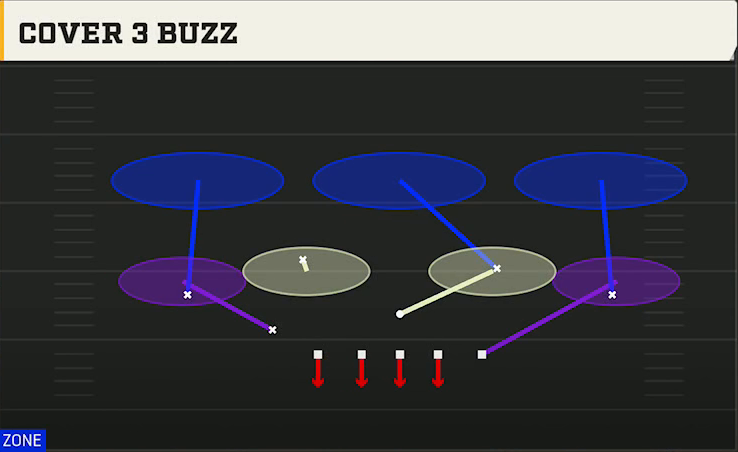 3-4 Multiple Defense 3-3-5 Penny Cover 3 Buzz play diagram