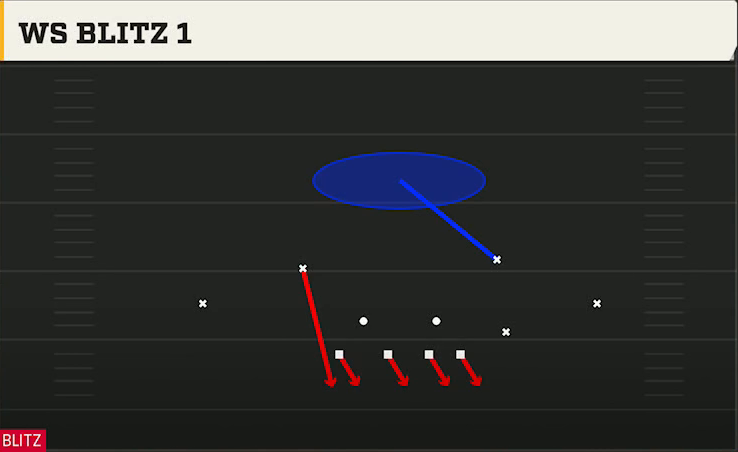 4-2-5 Man Defense 4-2-5 Over G Ws Blitz 1 play diagram