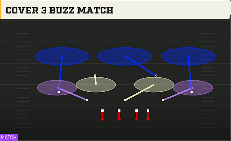 4-3 Shell Defense Dime Rush Cover 3 Buzz Match play diagram