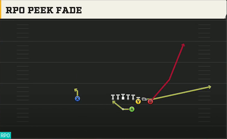 Delaware Offense Gun Bunch HB Str RPO Peek Fade play diagram