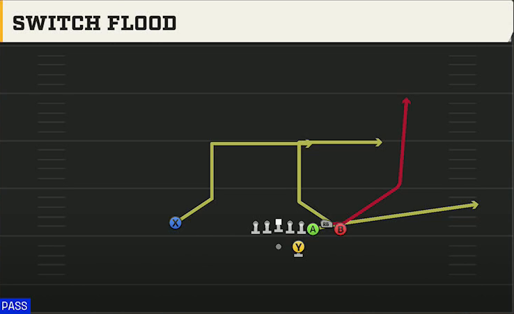 Delaware Offense Gun Bunch HB Str Switch Flood play diagram