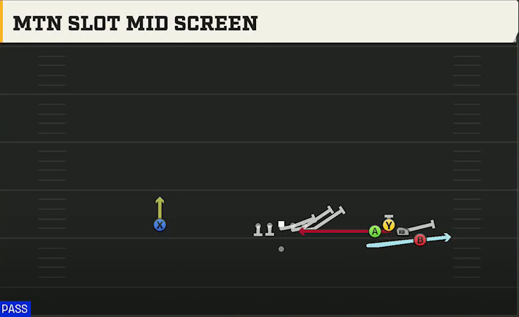 Spread (Alternate Offense) Gun Bunch Quads Open Mtn Slot Mid Screen play diagram