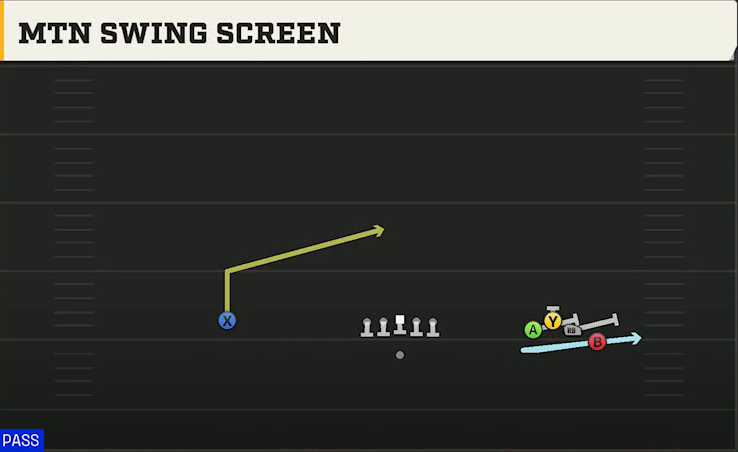Spread (Alternate Offense) Gun Bunch Quads Open Mtn Swing Screen play diagram