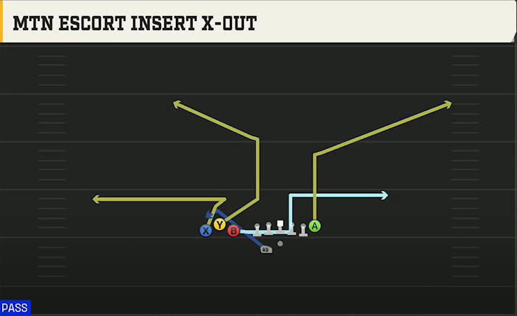 Western Michigan Offense Gun Bunch TE Wk Mtn Escort Insert X-out play diagram
