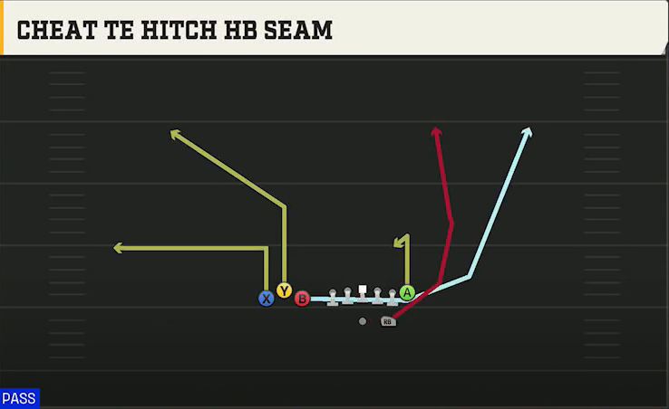 Cal Offense Gun Bunch TE Cheat TE Hitch HB Seam play diagram
