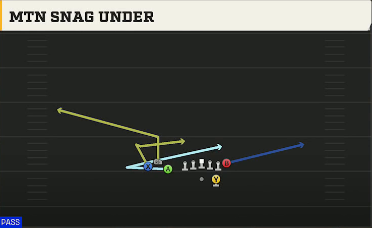 Cal Offense Gun Bunch TE Mtn Snag Under play diagram