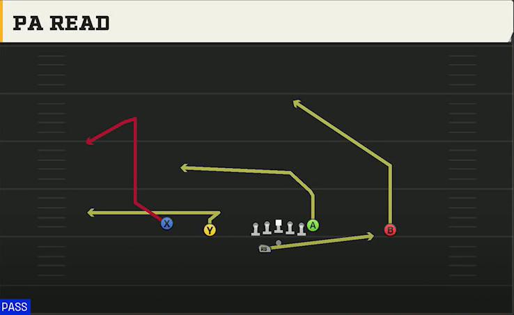 Spread (Alternate Offense) Gun Doubles Offset Wk PA Read play diagram
