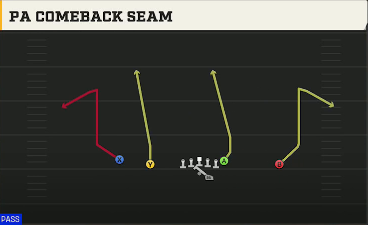 Pro Style (Alternate Offense) Gun Doubles Offset PA Comeback Seam play diagram