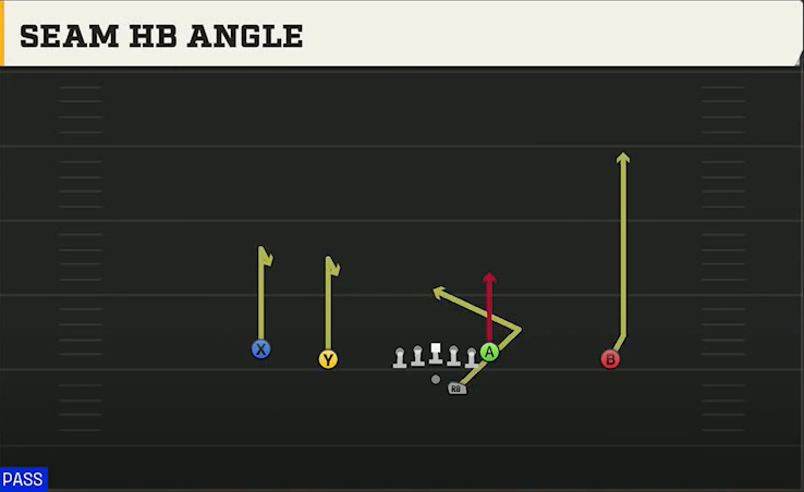 Pro Style (Alternate Offense) Gun Doubles Offset Seam HB Angle play diagram