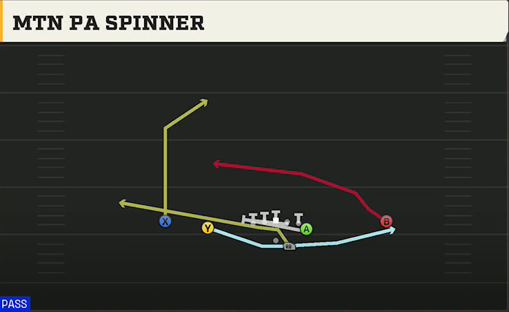 New Mexico Offense Gun Doubles Y Off Mtn PA Spinner play diagram