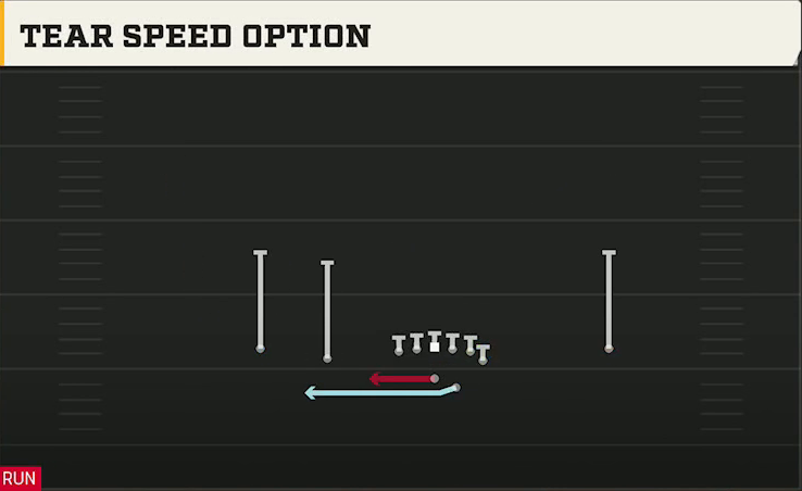 Spread (Alternate Offense) Gun Doubles Y Off Tear Speed Option play diagram