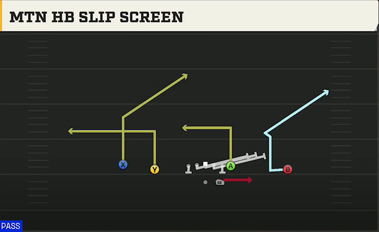 Option (Alternate Offense) Gun Doubles Mtn HB Slip Screen play diagram