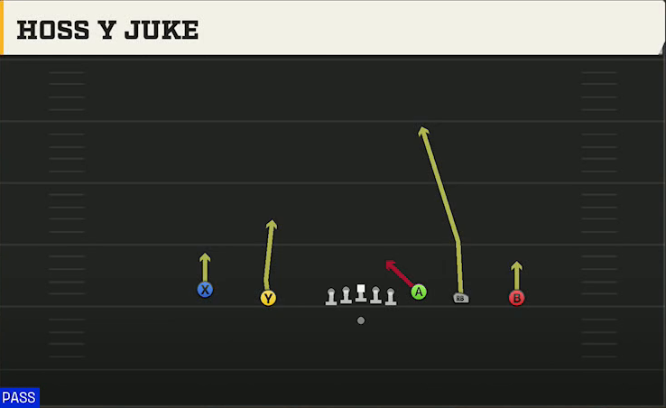 Oregon Offense Gun Empty HB Wide Hoss Y Juke play diagram