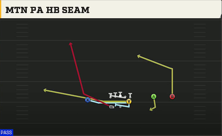 Spread (Alternate Offense) Gun F Twins Over Wk Mtn PA HB Seam play diagram