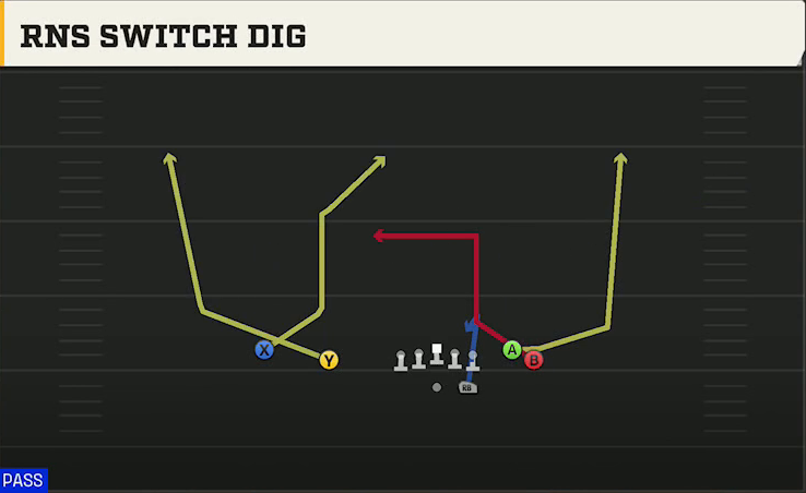Run & Shoot (Alternate Offense) Gun Flanker Close Switch Dig play diagram
