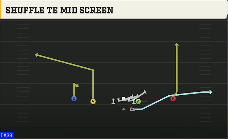 Arkansas Offense Gun Normal Y Off Shuffle TE Mid Screen play diagram