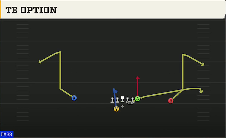 Liberty Offense Gun Split Pro Far TE Option play diagram