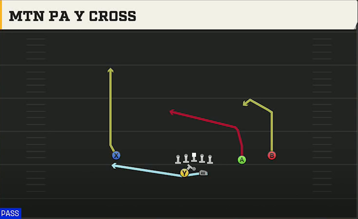 UMass Offense Gun Split Slot Offset Mtn PA Y Cross play diagram