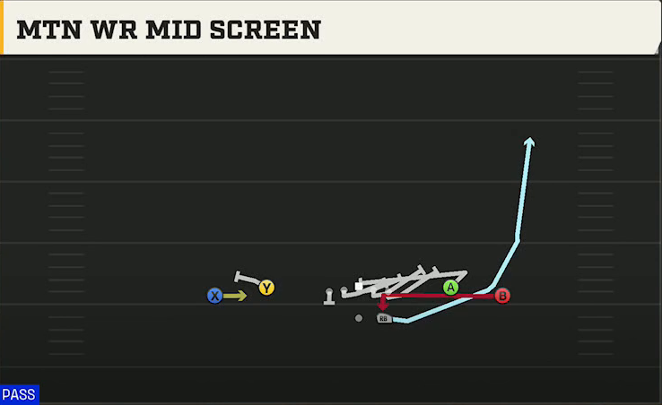 Purdue Offense Gun Spread Dbl Flex Mtn WR Mid Screen play diagram
