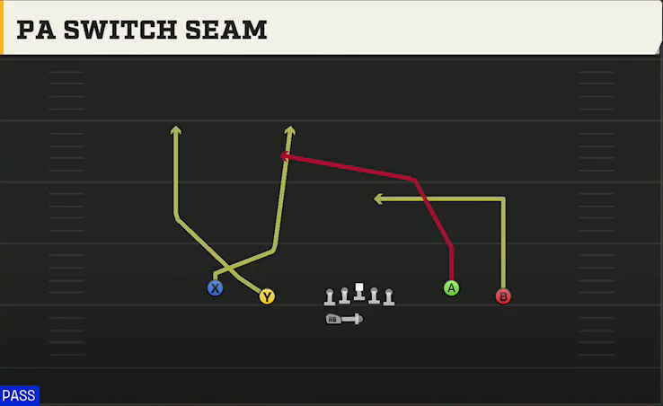 Purdue Offense Gun Spread Y-Flex Wk PA Switch Seam play diagram