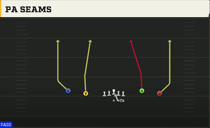 Pro Style (Alternate Offense) Gun Spread Y-Flex PA Seams play diagram