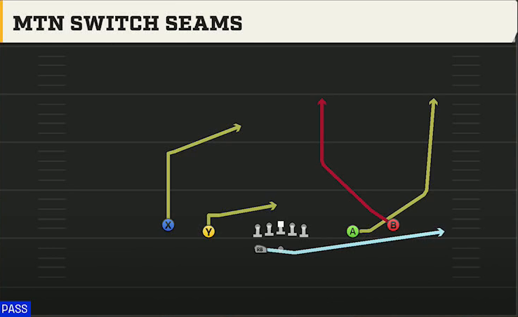 Arkansas Offense Gun Spread HB Wk Mtn Switch Seams play diagram