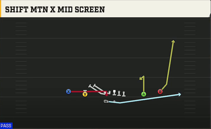 Florida Offense Gun Spread Y-Slot Wk Shift Mtn X Mid Screen play diagram