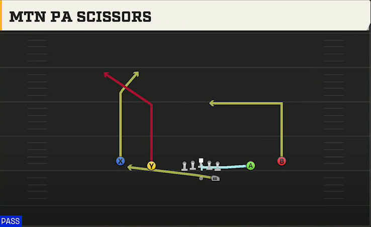 Missouri Offense Gun Spread Y-Slot Mtn PA Scissors play diagram