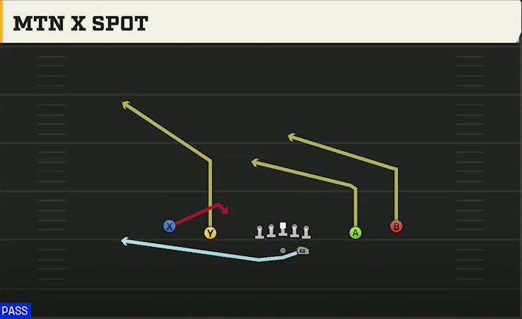West Virginia Offense Gun Spread Mtn X Spot play diagram