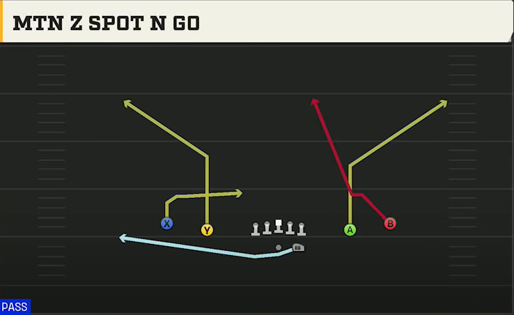 West Virginia Offense Gun Spread Mtn Z Spot N Go play diagram