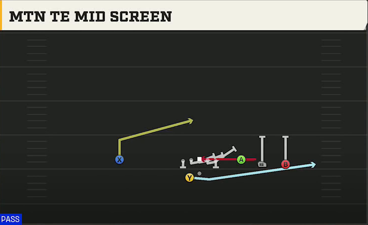 UMass Offense Gun Trey Open Offset Mtn TE Mid Screen play diagram