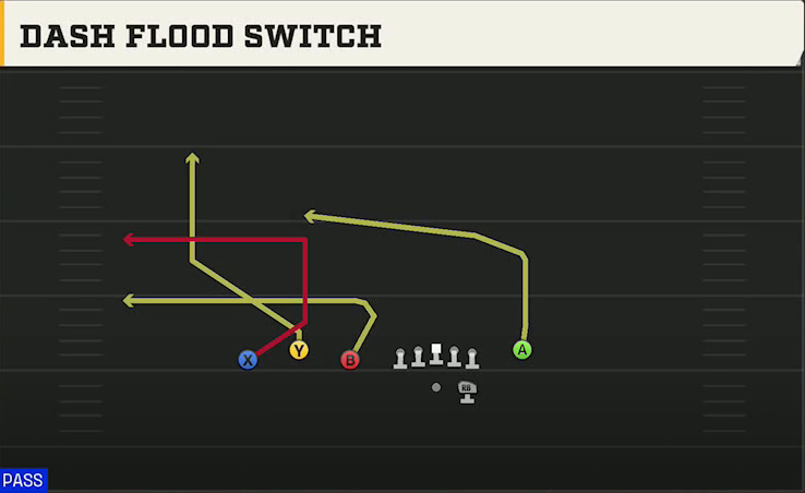 Pro Style (Alternate Offense) Gun Trio Y-Flex Dash Flood Switch play diagram