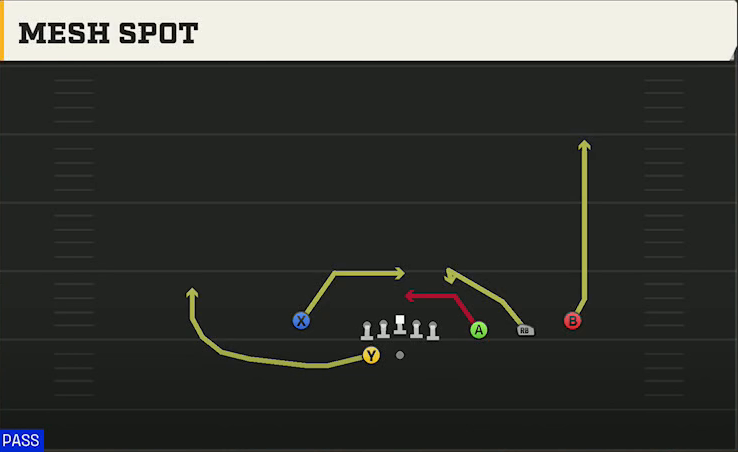 Northwestern Offense Gun Trips HB Wk Mesh Spot play diagram