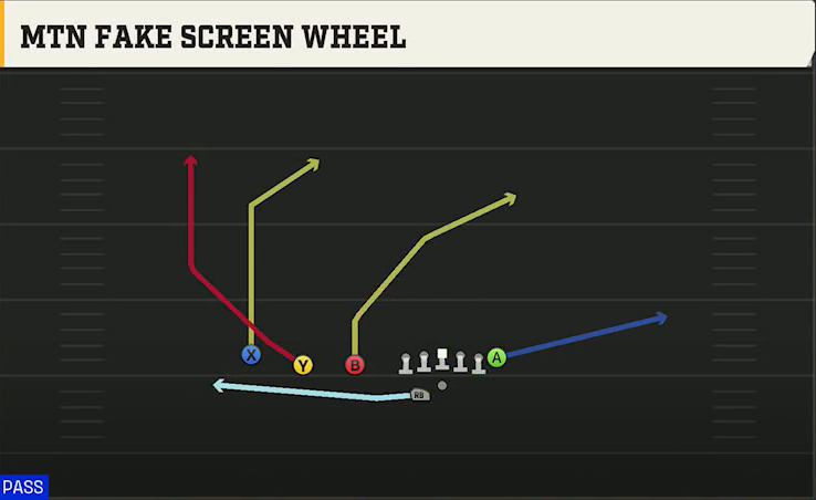 Navy Offense Gun Trips TE Offset Wk Mtn Fake Screen Wheel play diagram