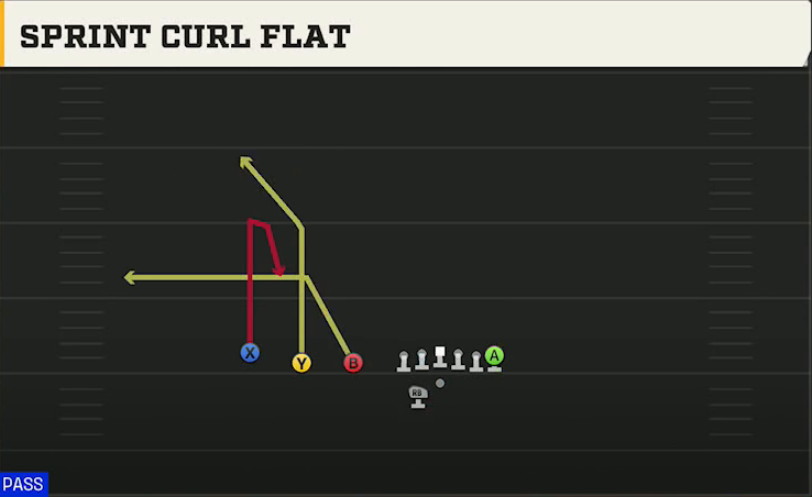 Wyoming Offense Gun Trips TE Offset Wk Sprint Curl Flat play diagram