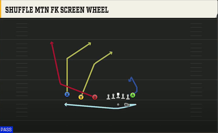 Cal Offense Gun Trips TE Shuffle Mtn FK Screen Wheel play diagram
