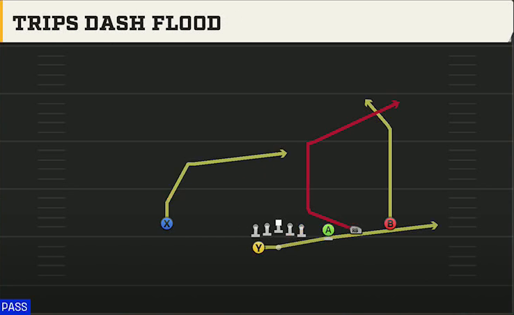 Marshall Offense Gun Trips Y Slot Wk Trips Dash Flood play diagram