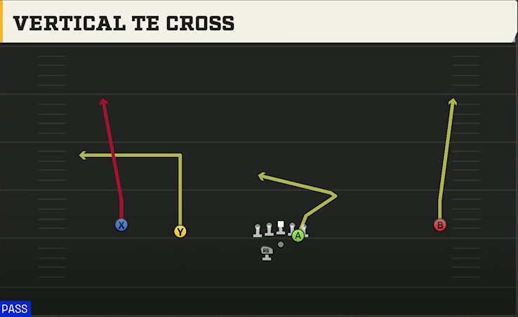 LSU Offense Gun Wide Slot Left Wk Vertical TE Cross play diagram
