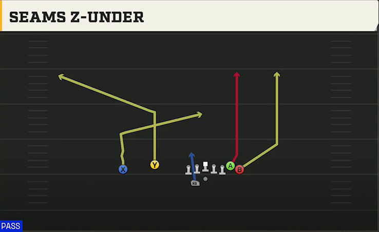 UMass Offense Gun Wing Flex Offset Wk Seams Z-under play diagram