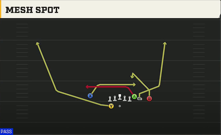 Arkansas Offense Gun Wing HB Wk Close Mesh Spot play diagram