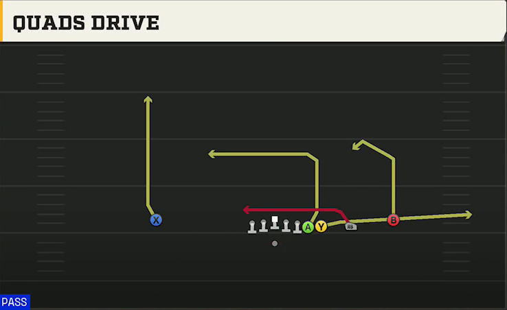 Spread (Alternate Offense) Gun Wing Trips Wk Quads Drive play diagram