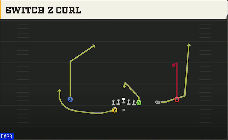 Spread (Alternate Offense) Gun Wing Trips Wk Switch Z Curl play diagram