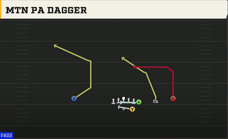 Texas A&M Offense Gun Wing Trips Mtn PA Dagger play diagram
