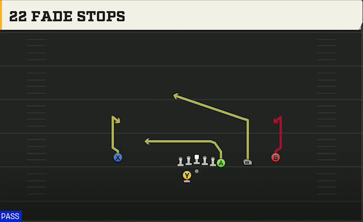 James Madison Offense Gun Y Off Trips Wk 22 Fade Stops play diagram