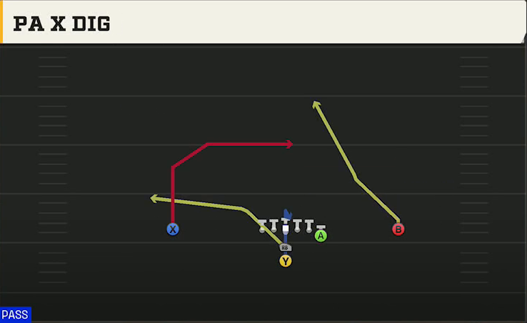Minnesota Offense I Form Y Off PA X Dig play diagram