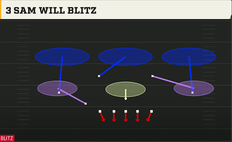 4-3 Man Defense Nickel 3-3 Cub 3 Sam Will Blitz play diagram