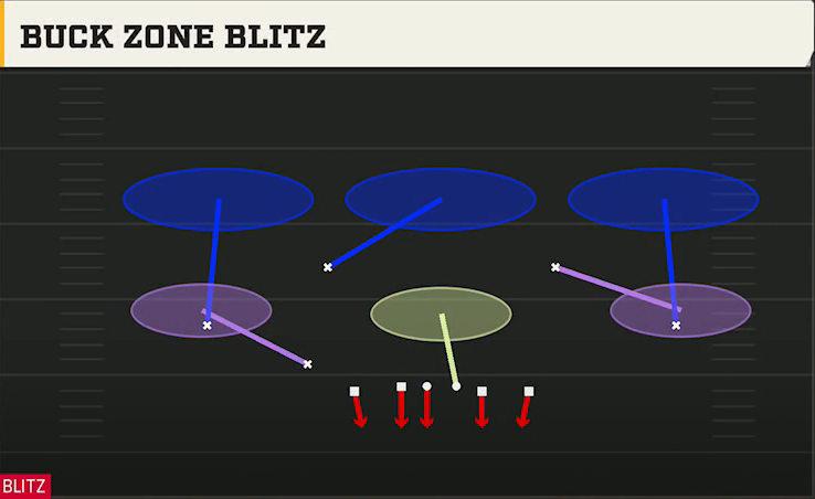 3-2-6 Defense Nickel 3-3 Dbl Mug Buck Zone Blitz play diagram