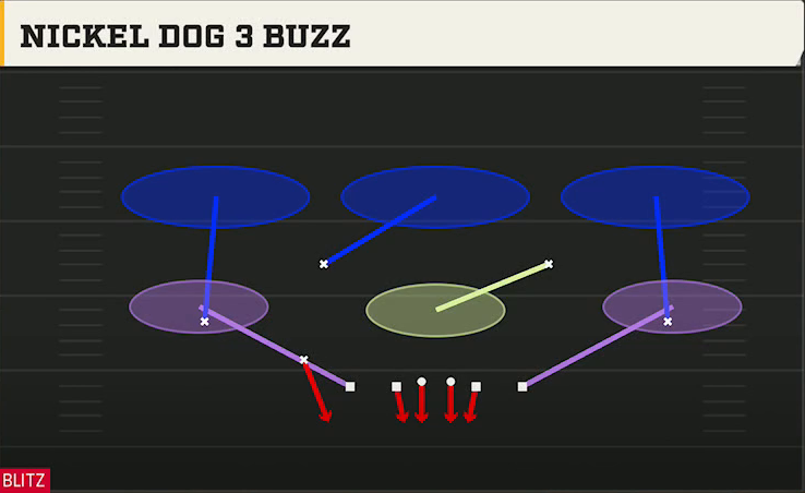 4-3 Shell Defense Nickel Double Mug Nickel Dog 3 Buzz play diagram