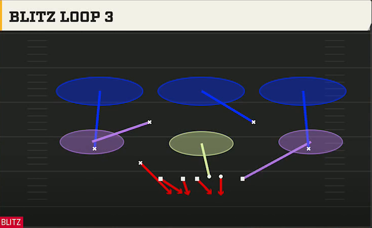 4-2-5 Shell Defense Nickel Load Dbl Mug Blitz Loop 3 play diagram